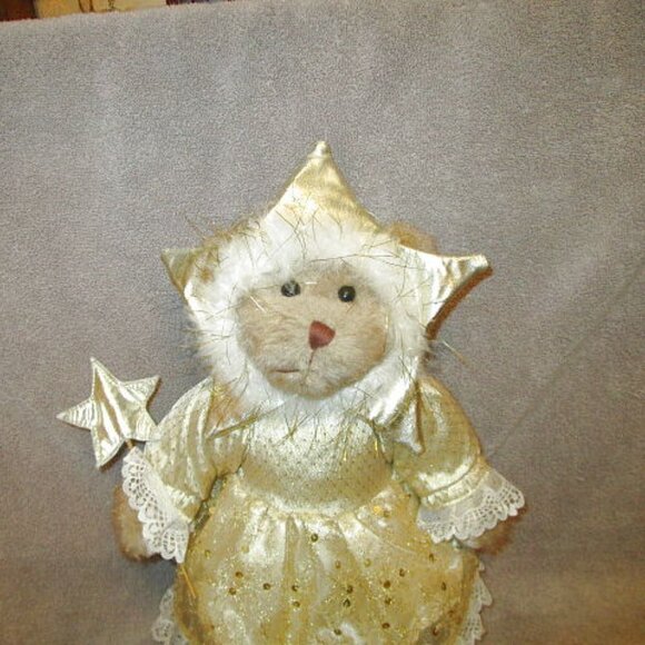 17" Christmas Star FAIRY BEAR Plush GOLD Wand DRESS Standing WOOD Decor VINTAGE - Picture 2 of 12
